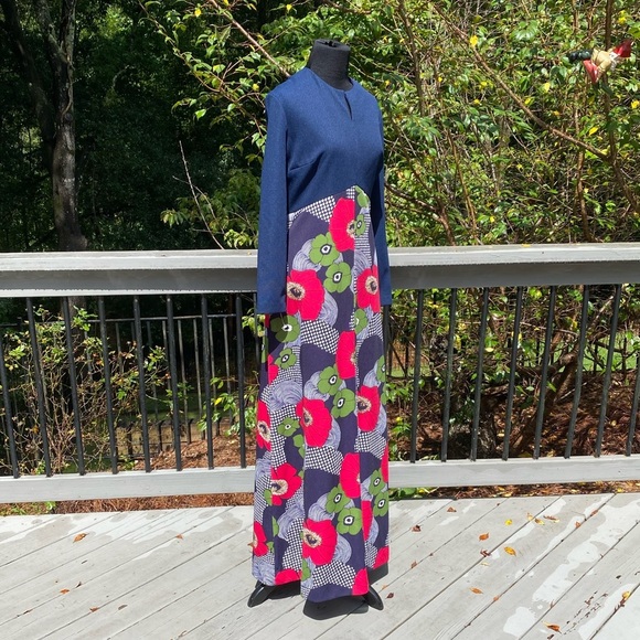 Deadstock NWT 60s 70 Flower Power Mod Ribbed Knit Bold Floral Hostess Maxi Dress - Picture 2 of 10